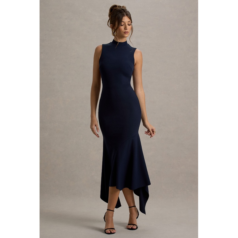 Janice | Navy High-Neck Hanky-Hem Maxi Dress
