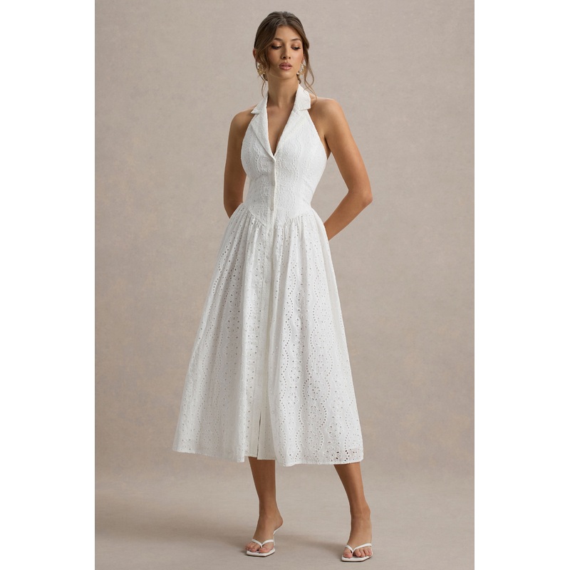 Jezebel | White Lace Plunge-Neck Collared Midi Dress