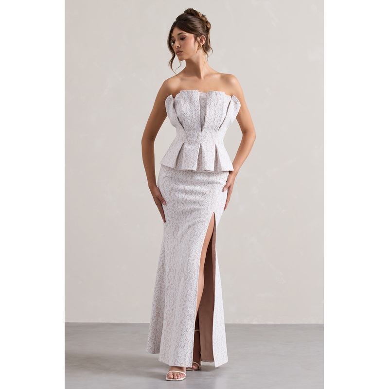 Kaleido | White Lace Strapless Ruffled Split Maxi Dress