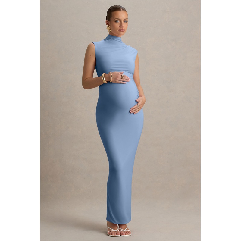 Kienna | Powder Blue Ruched High-Neck Maternity Maxi Dress