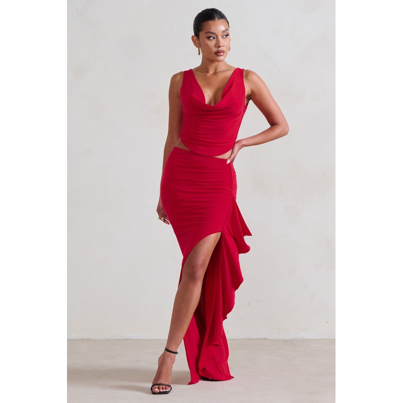 La Belle | Red Ruffle Maxi Skirt With Thigh Split