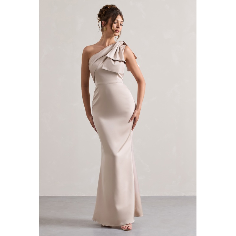 Lady | Champagne Satin One Shoulder Maxi Dress With Bow