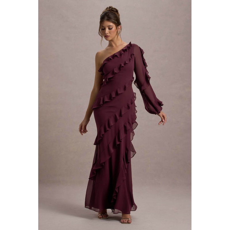 Lalika | Burgundy Asymmetric One-Sleeve Ruffle Maxi Dress