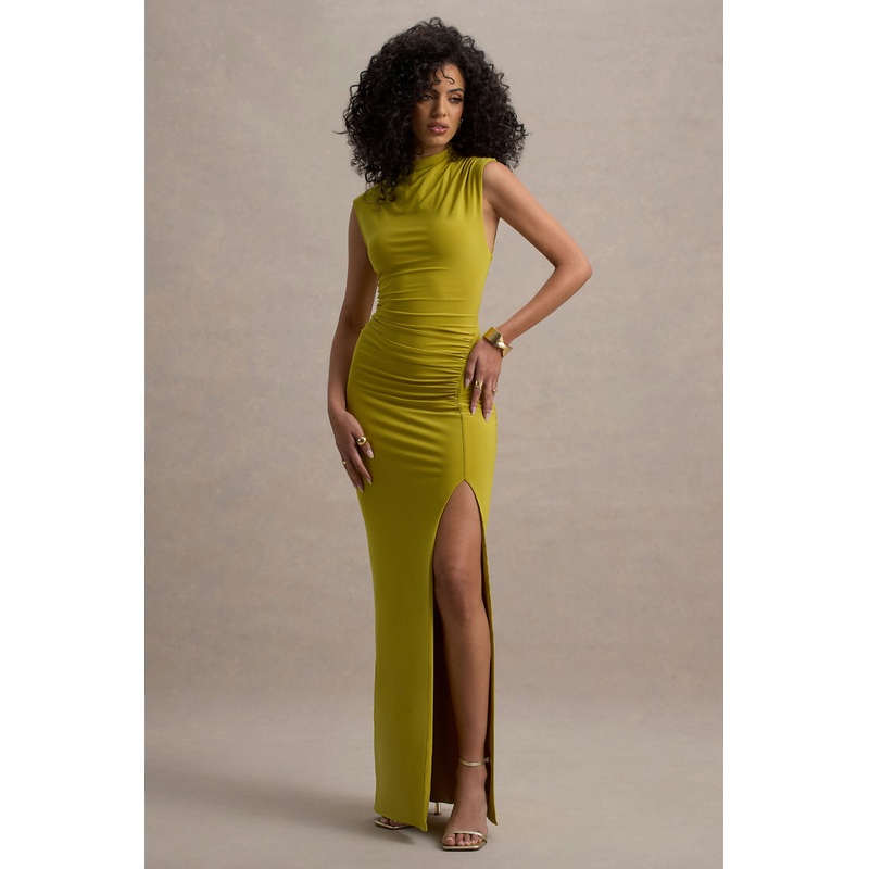 Lanetta | Green Ruched High-Neck Maxi Dress With Split