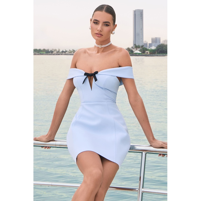 Lavender | Powder Blue Sweetheart Mini Dress With Bow Detail