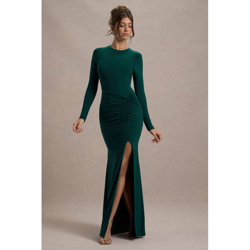 Leslie | Bottle Green Long-Sleeve Twisted Split Maxi Dress