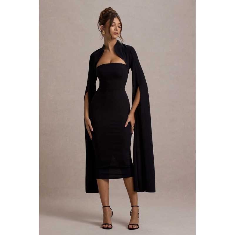 Linden | Black Bodycon Cape-Sleeve Midi Dress