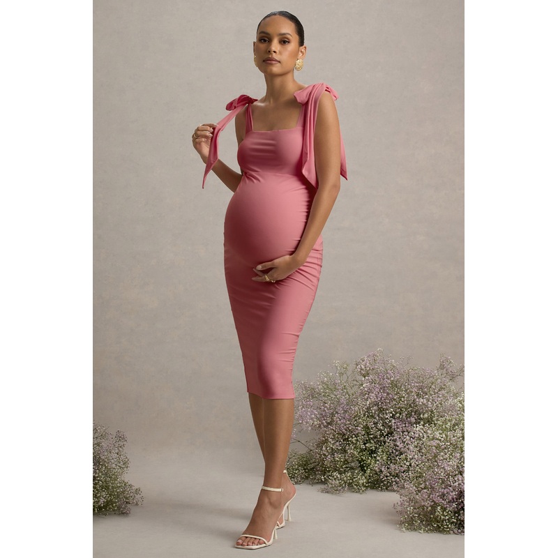 Linnie | Pink Square-Neck Maternity Midi Dress With Bow Straps