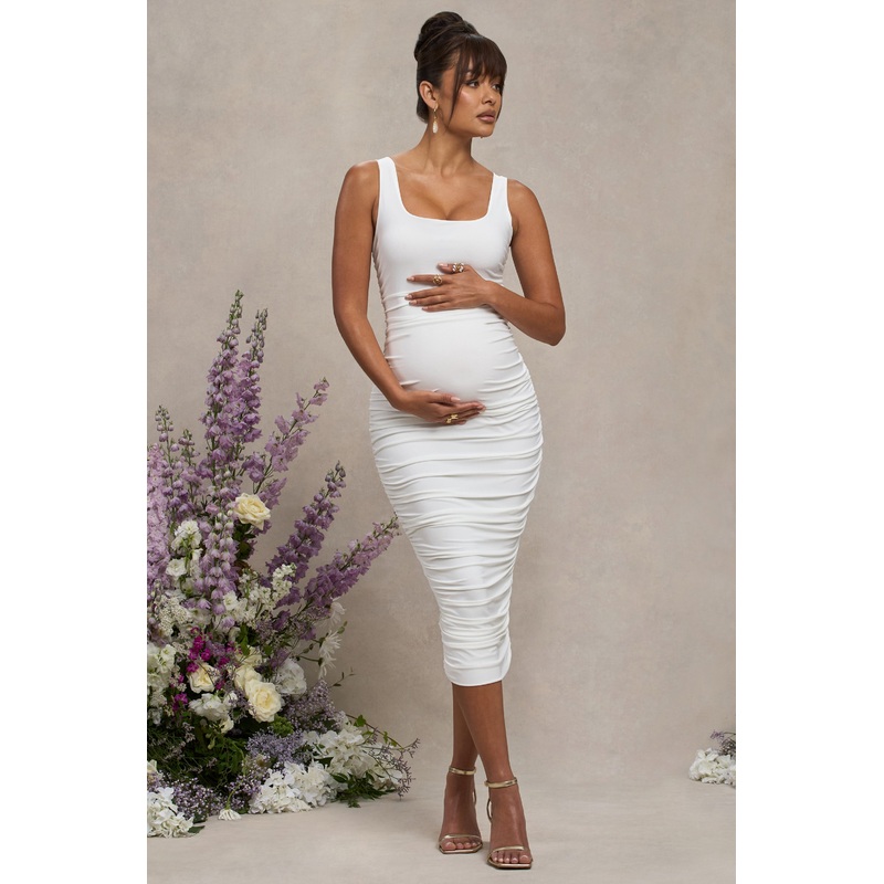 Lisbon | White Maternity Square Neck Ruched Midi Dress