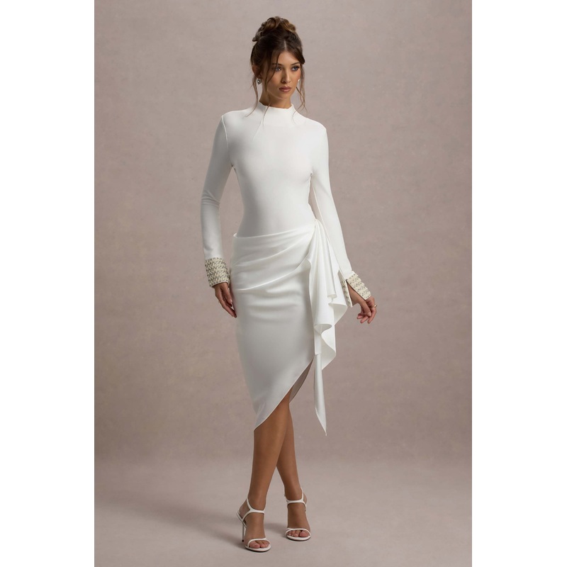 Luanna | Ecru Satin Long-Sleeve Midi Dress With Draped Skirt