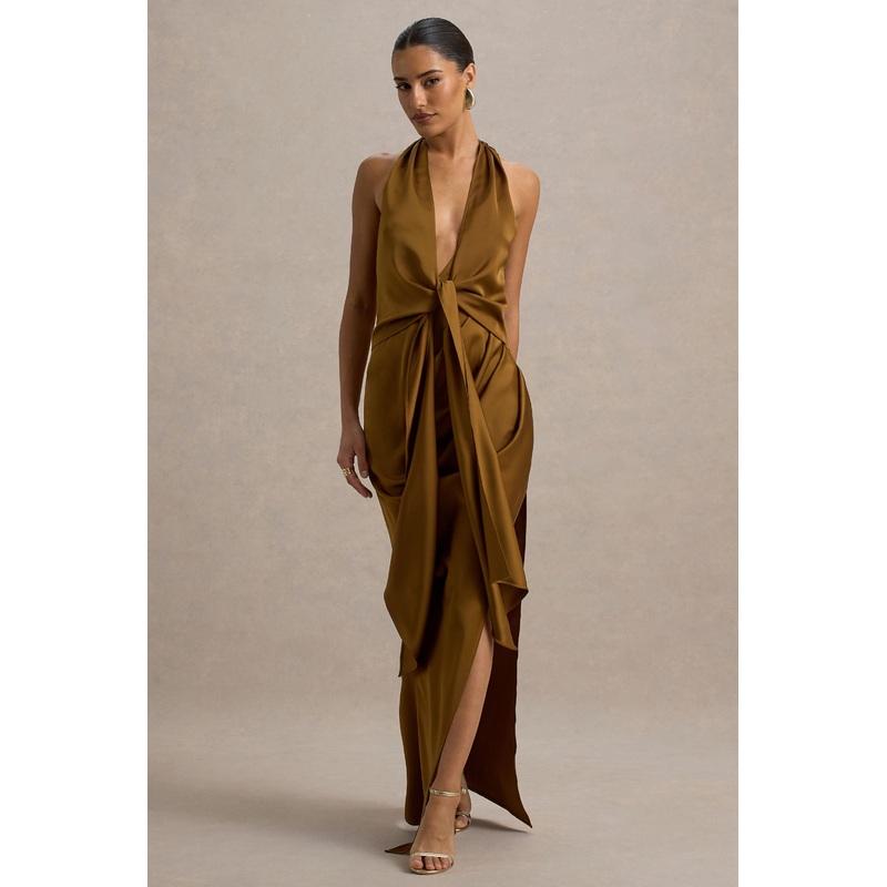 Lynette | Olive Satin Plunge-Neck Asymmetric Maxi Dress