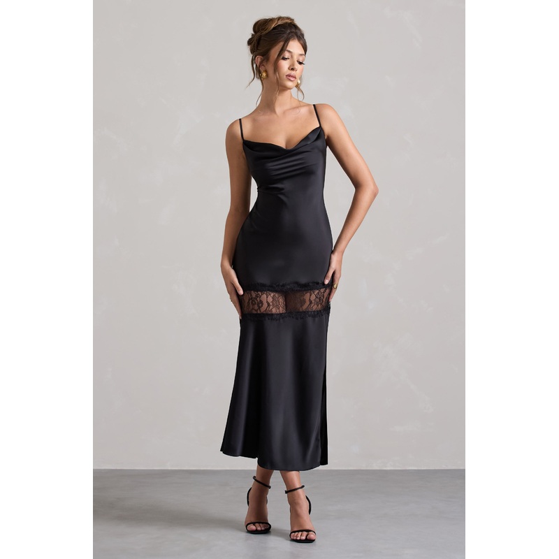 Matera | Black Satin Cowl-Neck Lace Trim Maxi Dress