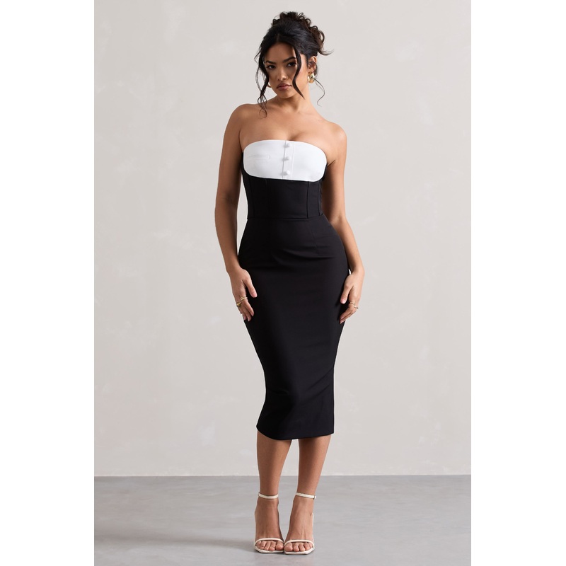 My Darling | Black Tailored Bandeau Split Midi Dress