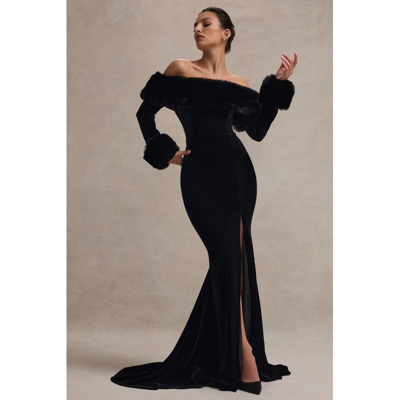 Mystique | Black Bardot Split Maxi Dress With Fur Trims