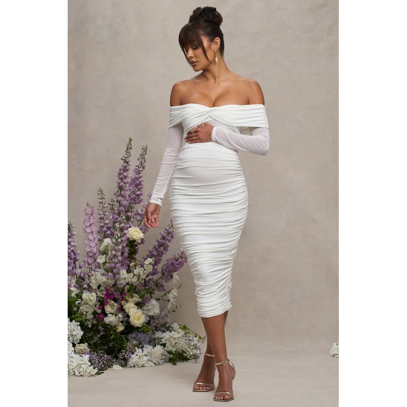 Neva | White Bardot Twist Maternity Midi Dress