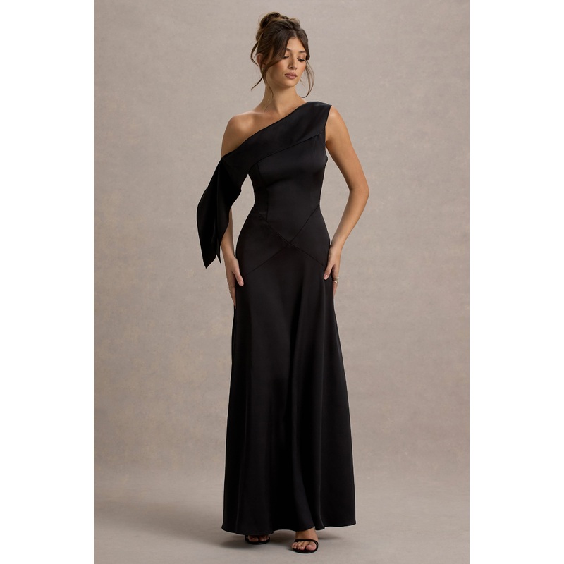 Nicola | Black Satin Asymmetric Bardot Draped Maxi Dress