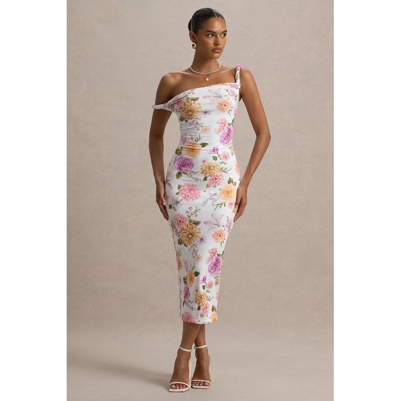 Nora | Peach And Lilac Floral Twisted Asymmetric Midi Dress
