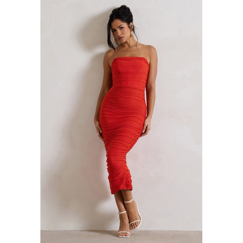 Nylah | Orange Ruched Corset Bodycon Midi Dress