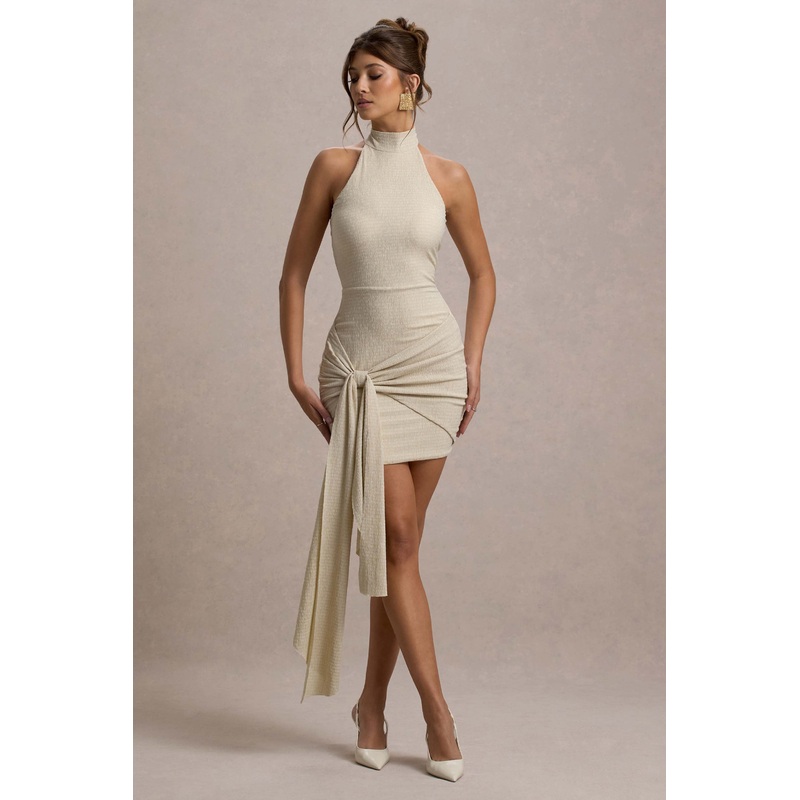 Orinthia | Champagne High-Neck Mini Dress With Wrap Detail