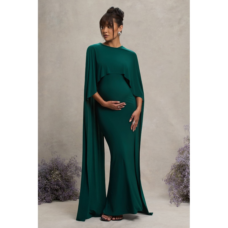 Padma | Bottle Green Draped Maternity Maxi Dress With Cape Sleeves