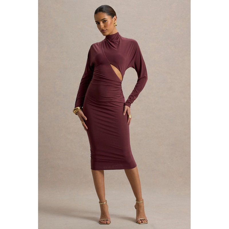 Pandora | Burgundy Long-Sleeve Midi Dress With Cut-Out