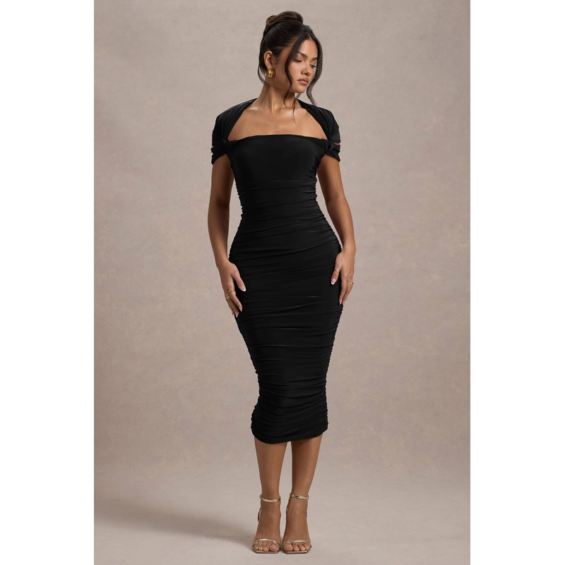 Paxos | Black Ruched Short-Sleeve Midi Dress