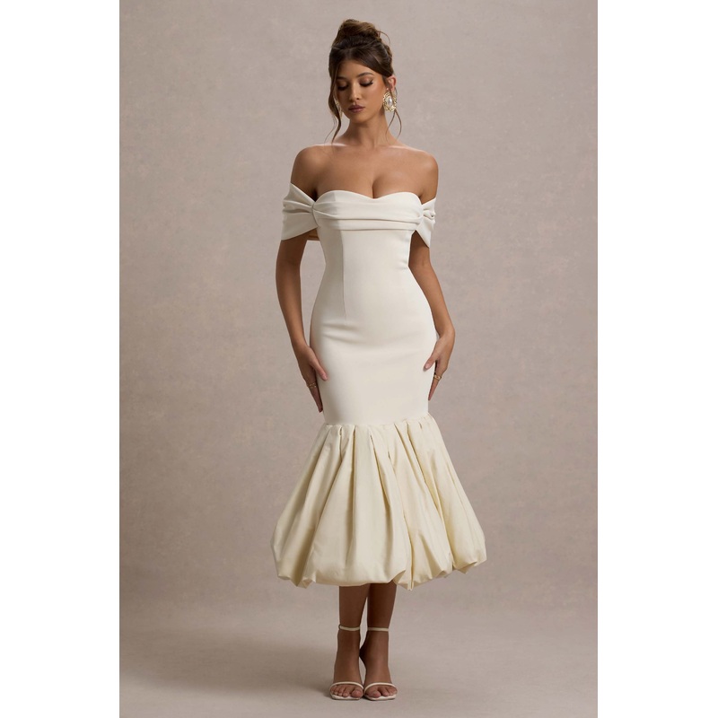 Posie | Stone bardot midi dress with puffball hem