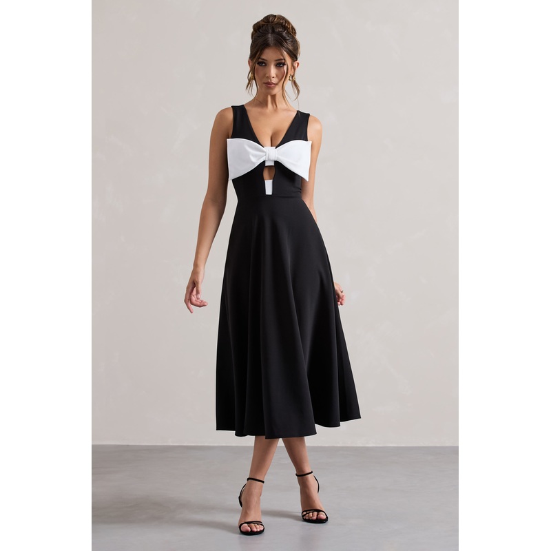 Primrose | Black Plunge-Neck Midi Dress With White Bow