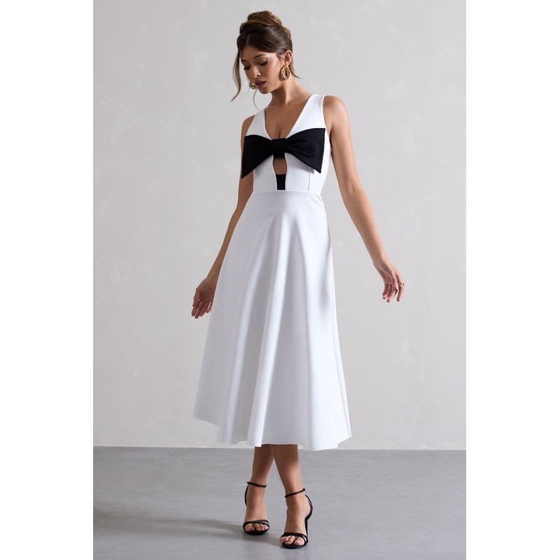 Primrose | White Plunge-Neck Midi Dress With Black Bow
