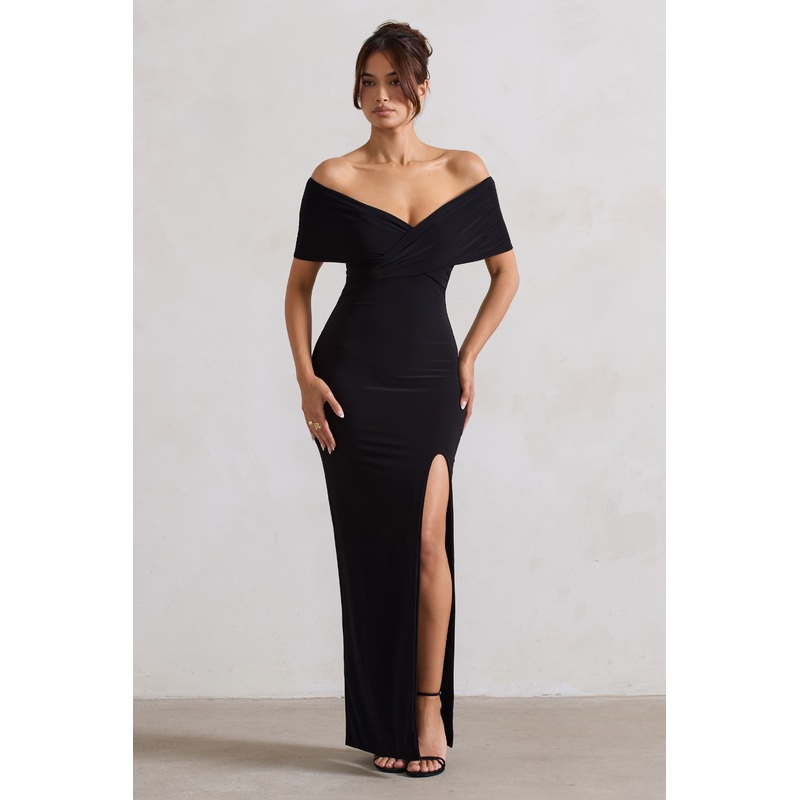 Refined | Black Twist Front Bardot Maxi Dress