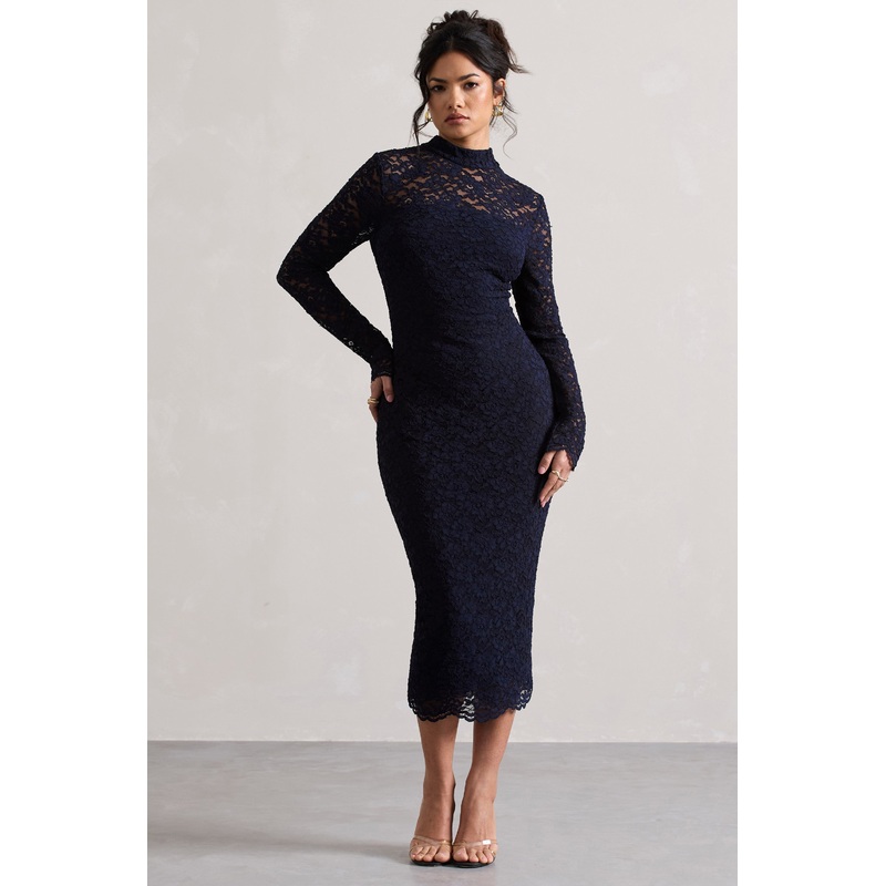 Rumour | Navy Lace High-Neck Midi Dress