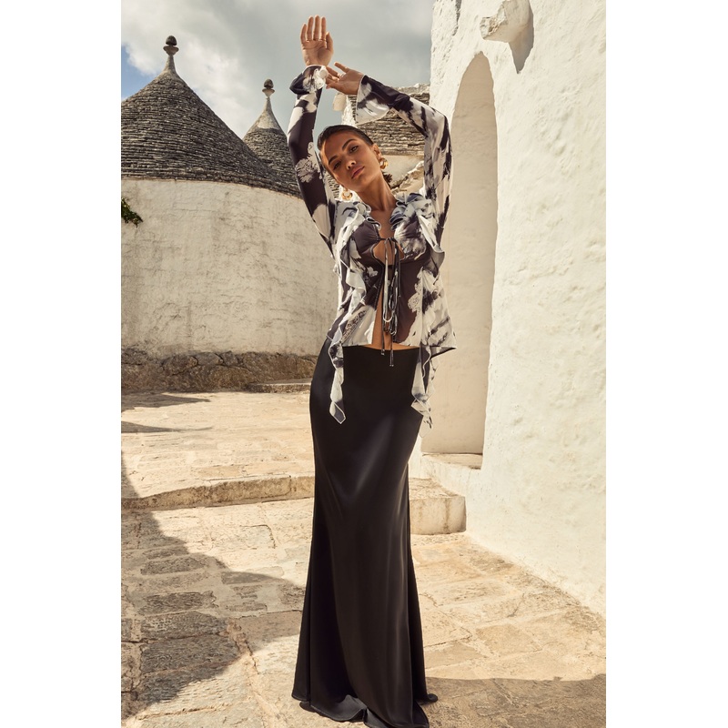 Serita | Black Satin Split Maxi Skirt