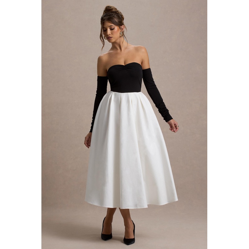 Solada | Black & Cream Bardot Pleated Midi Dress