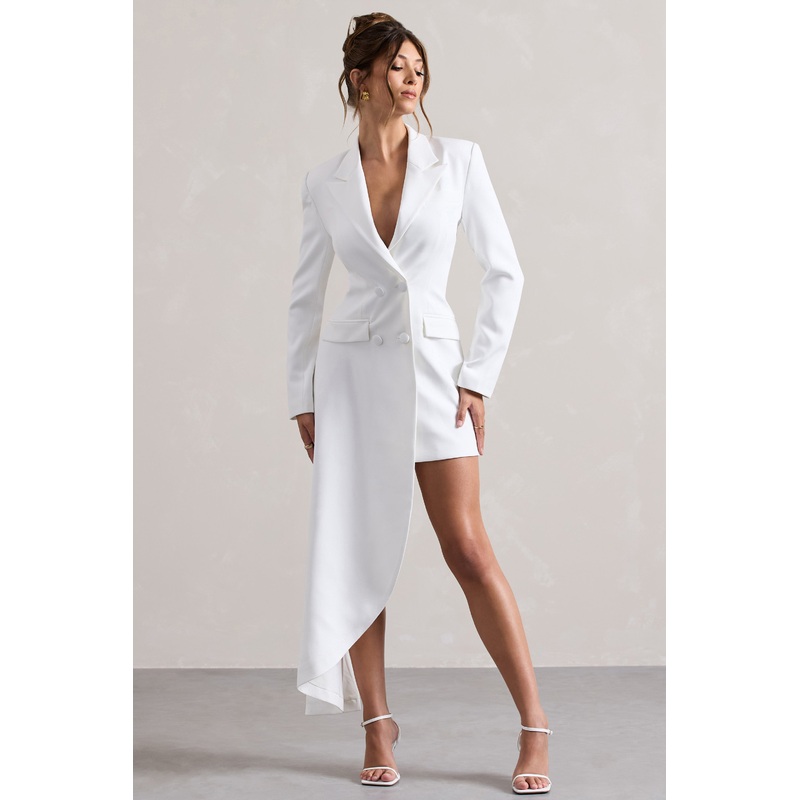 Spiral | White Tailored Blazer Mini Dress With Asymmetric Hem