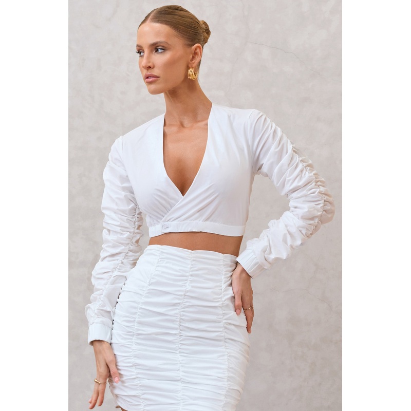 Sundown | White Ruched Sleeve Wrap Detail Cropped Shirt