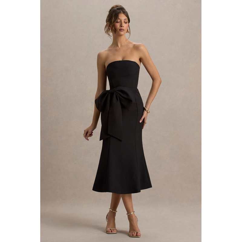 To Me | Black Bandeau Midi Dress With Oversized Bow