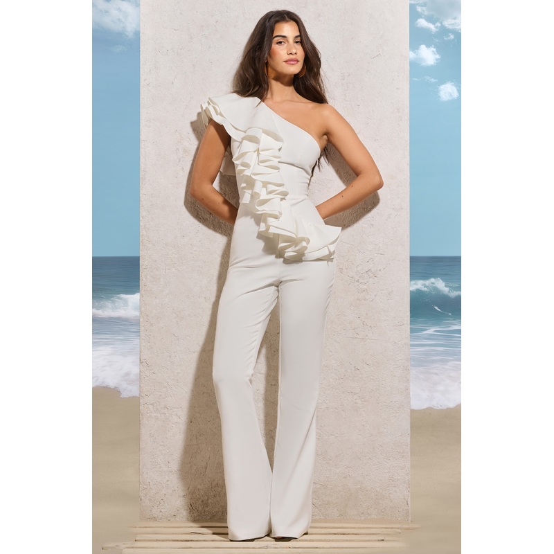Toulouse | White One Shoulder Ruffle Flared-Leg Jumpsuit