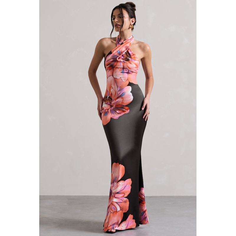Tropicana | Pink Floral Satin Cross Over Halterneck Maxi Dress
