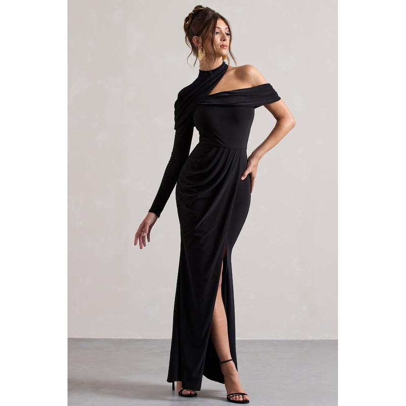 Tyla | Black Asymmetric High-Neck Split Maxi Dress
