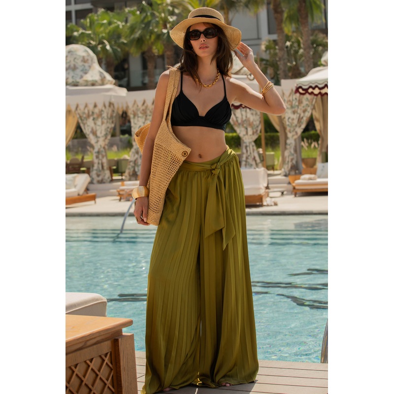 Tyrell | Olive Pleated Satin Wide-Leg Trousers