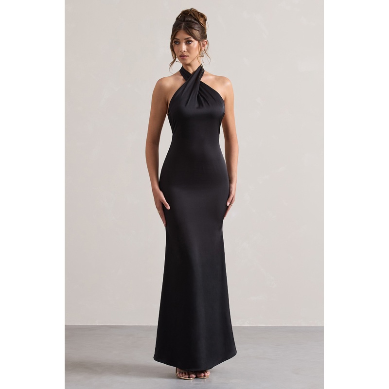 Unbeatable | Black Satin Cross Over Halter-Neck Maxi Dress