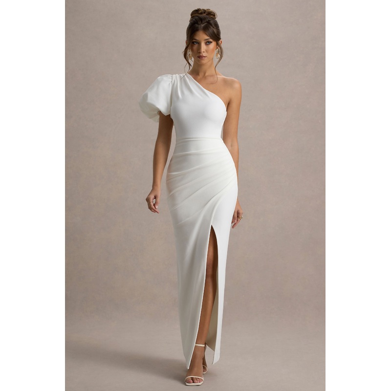 Vittoria | White Asymmetric Puff-Sleeve Split Maxi Dress
