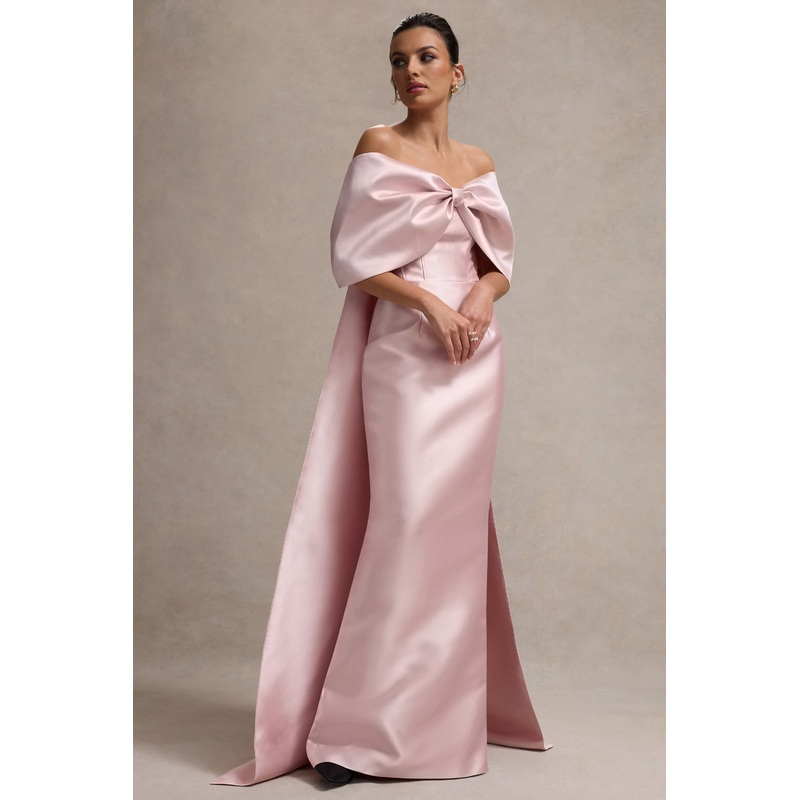 Wanting More | Pink Satin Cape Maxi Dress With Oversized Bow