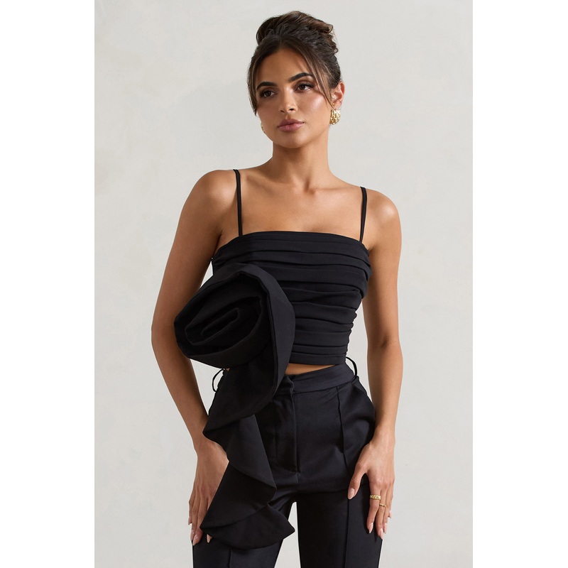 Whirlwind | Black Strappy Top With Oversized Ruffle Detail