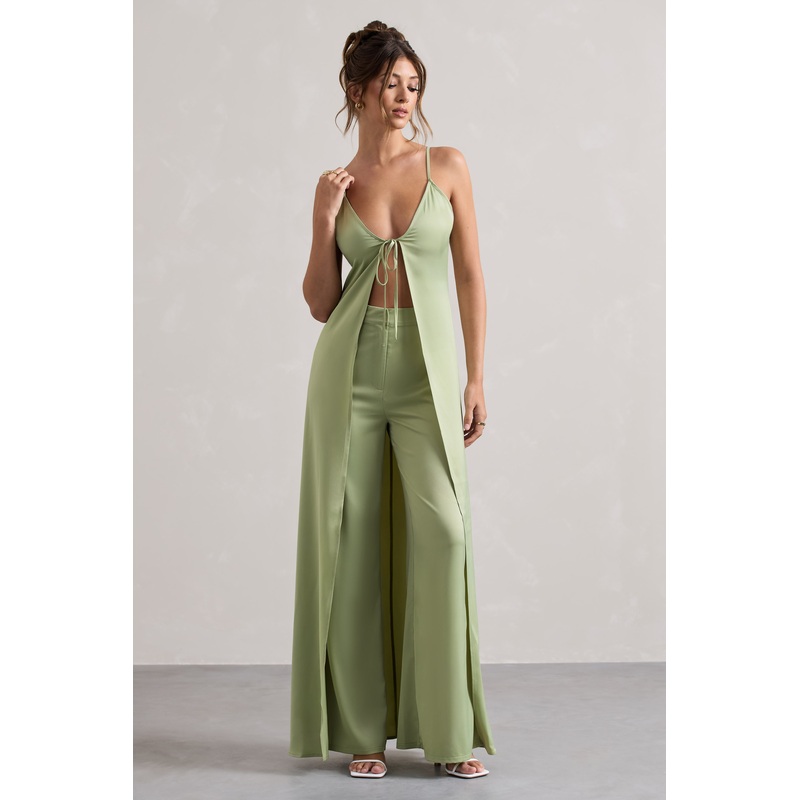 Your Way | Pale Green Satin Wide-Leg Trousers