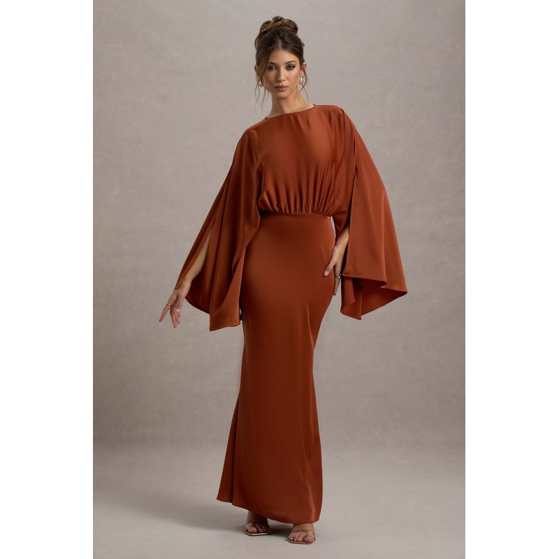 Zuzanna | Rust Draped Maxi Dress With Cape Sleeves