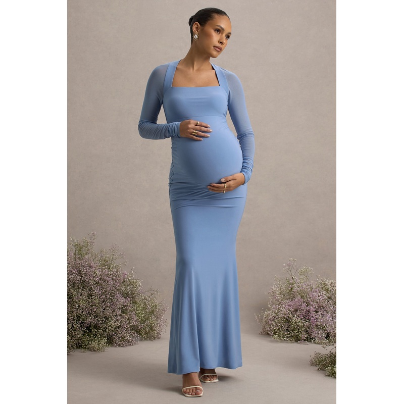 Abeam | Powder Blue Maternity Maxi Dress With Sheer Sleeves