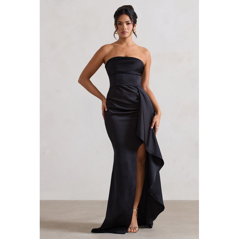 Ace | Black Satin Bandeau Split Maxi Dress With Ruffle Drape