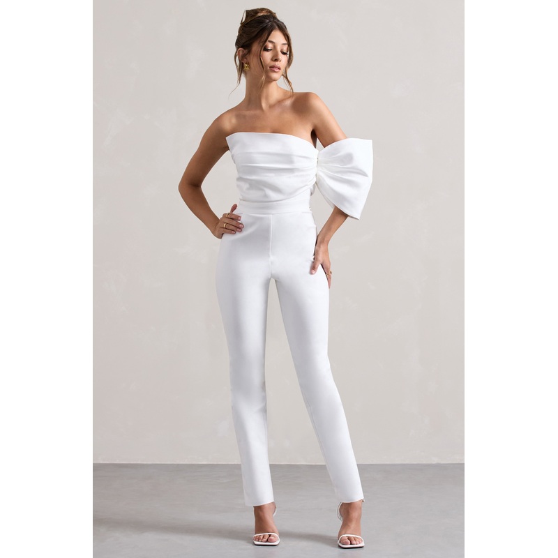 Adabella | White Satin Strapless One-Sleeve Straight-Leg Jumpsuit