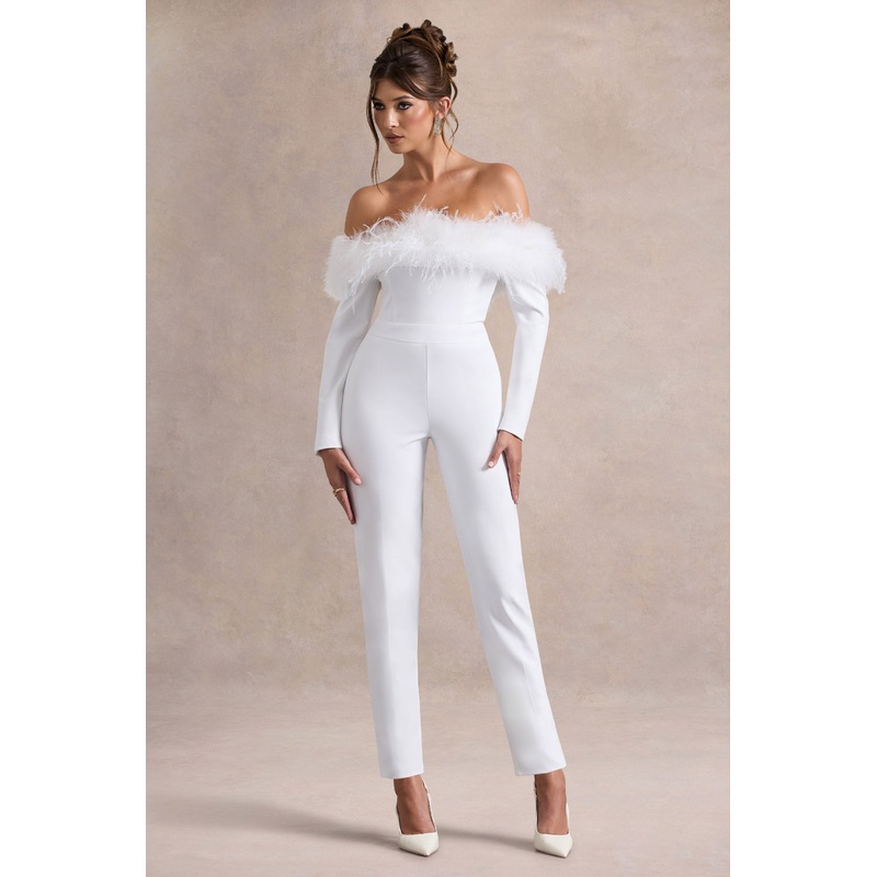 Ales | White Bardot Tailored Straight-Leg Jumpsuit With Feather Trim